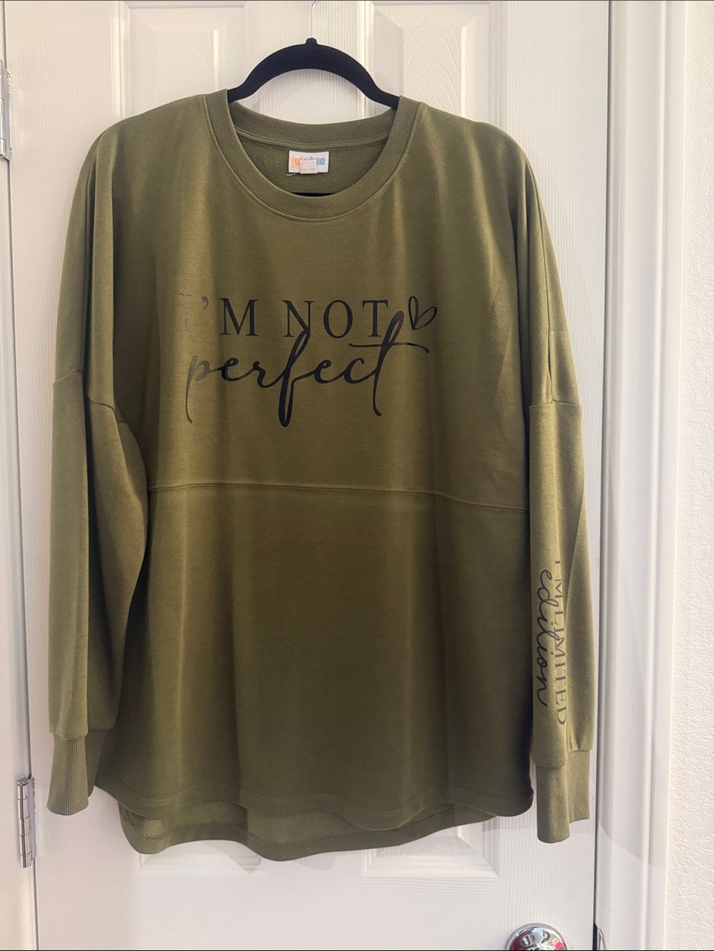 LuLaRoe Olive Green Crewneck Sweatshirt Medium Not Perfect Graphic